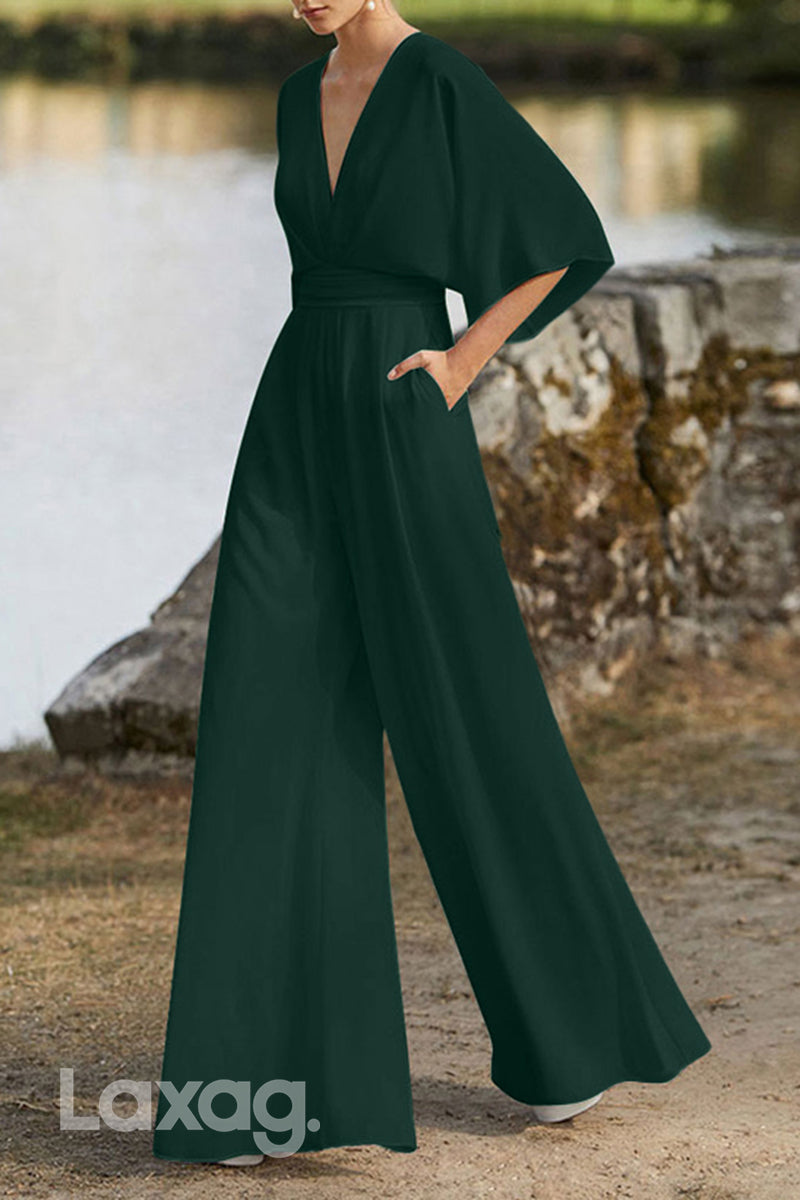 22689 - V-Neck Half Sleeves PantSuit Floor-Length Chiffon Mother Of the Bride Dress