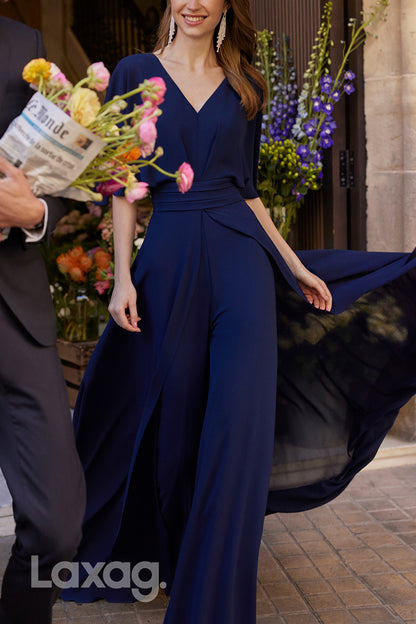 22804 - V-Neck Half Sleeves Pantsuit Cocktail Party Formal Evening Dress with Train