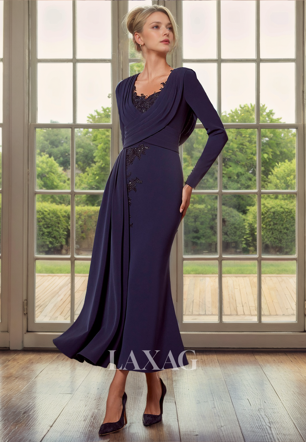 Plus Size Regal Mermaid V Neck Three Quarter Sleeve Lace Back Floor Length Mother of the Bride Dress