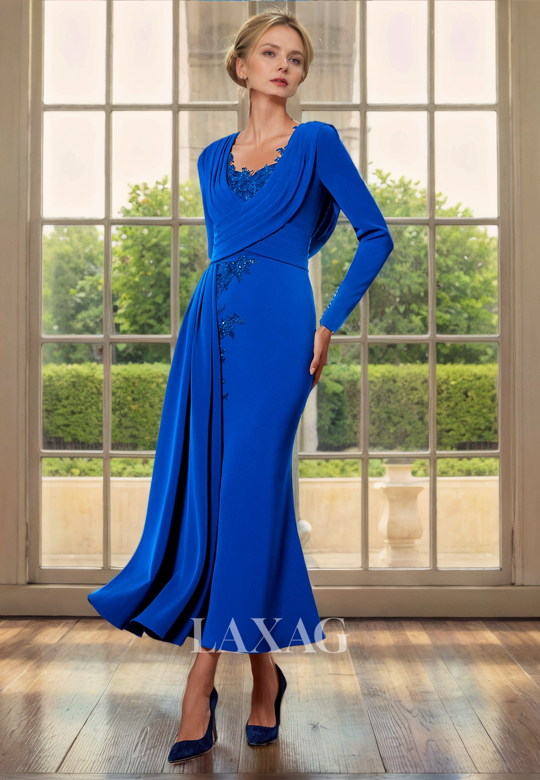 V-Neck Long Sleeves Appliques Sleek Satin Mermaid Mother of the Bride Dress