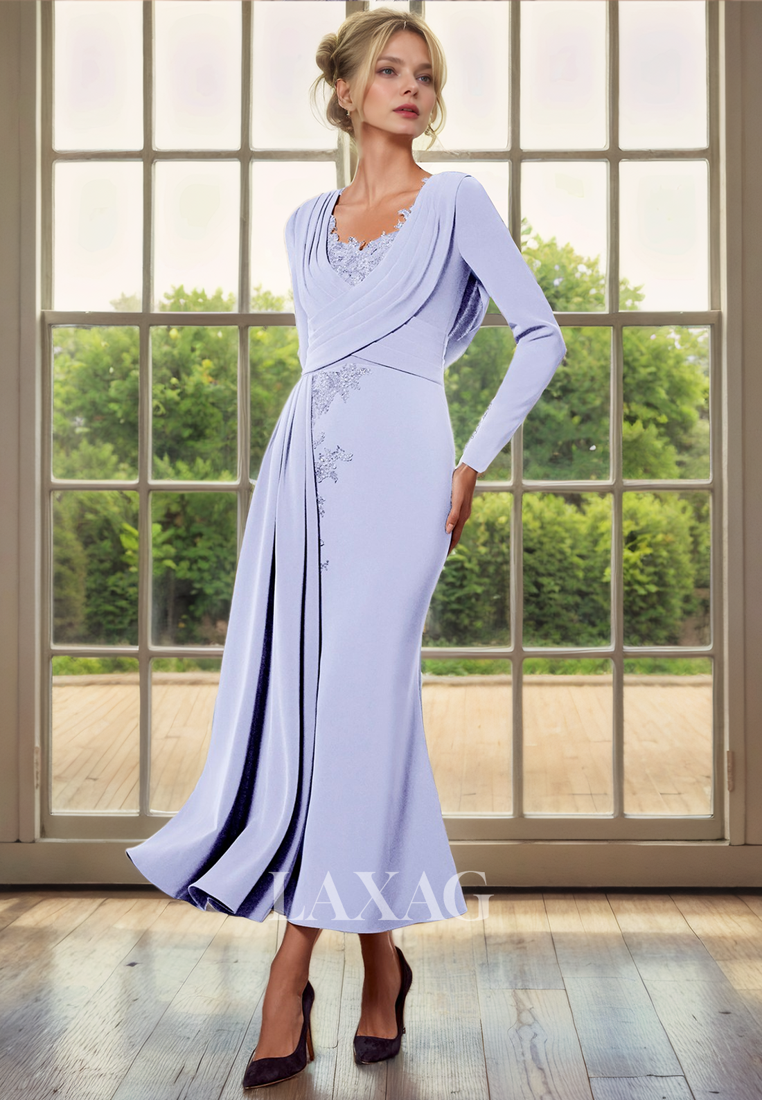 V-Neck Long Sleeves Appliques Sleek Satin Mermaid Mother of the Bride Dress