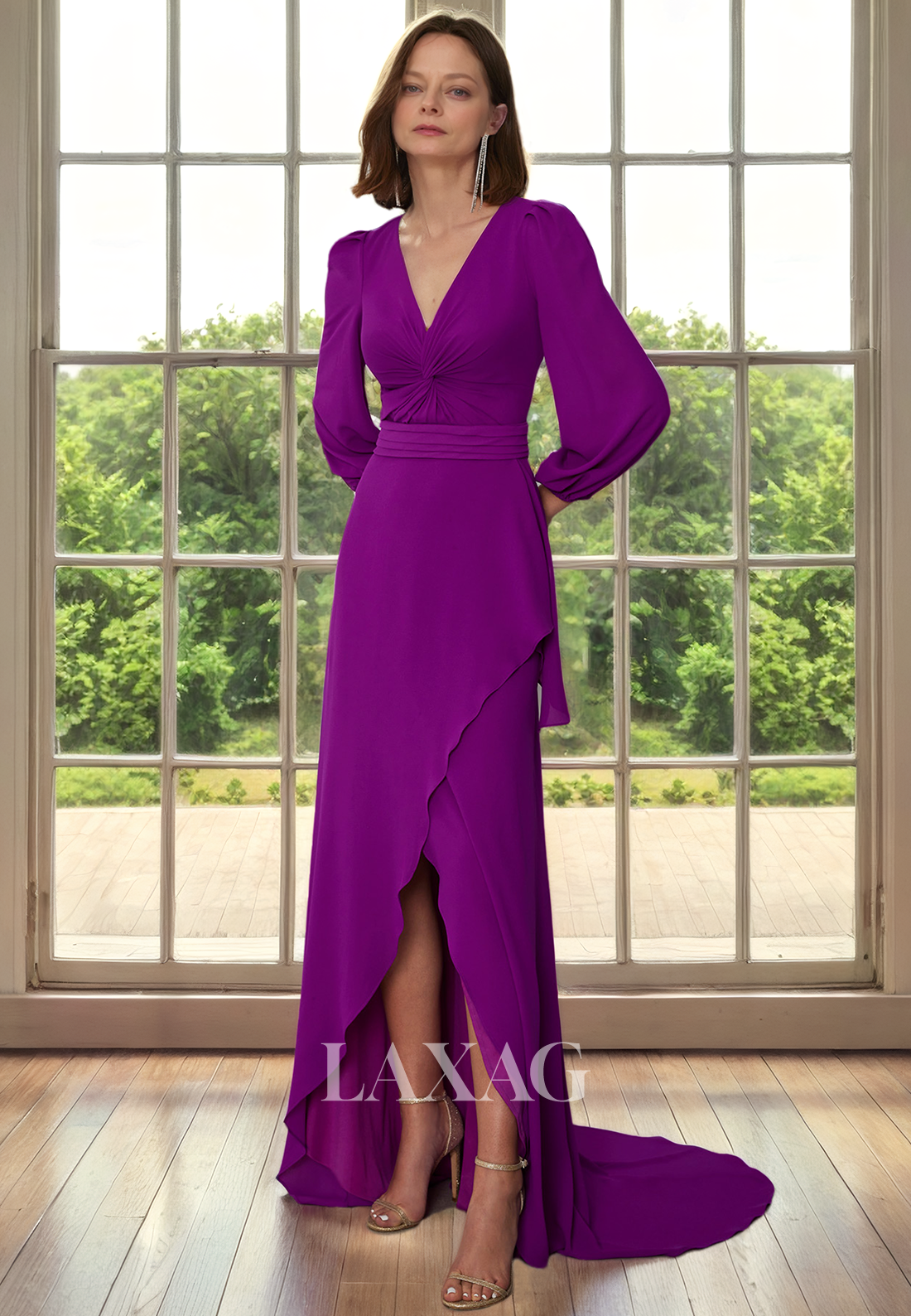 V-Neck Long Sleeves Backless Sleek Satin Mother of the Bride Dress with Slit and Train