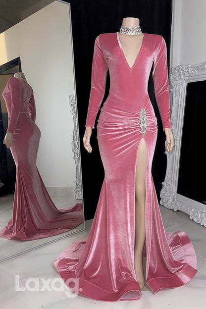 22572 - V-Neck Long Sleeves Beaded High Slit Mermaid Prom Dresses for Black Girl Slay