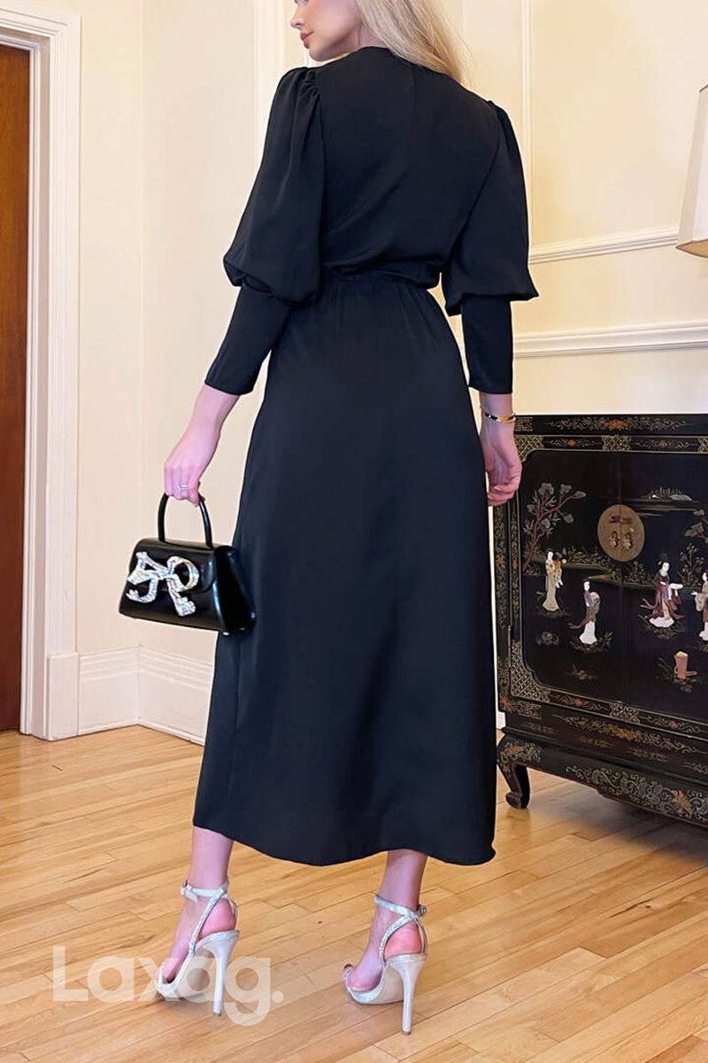 22675 - V-Neck Long Sleeves Belt Sleek Satin Mother of the Bride Dress with Slit