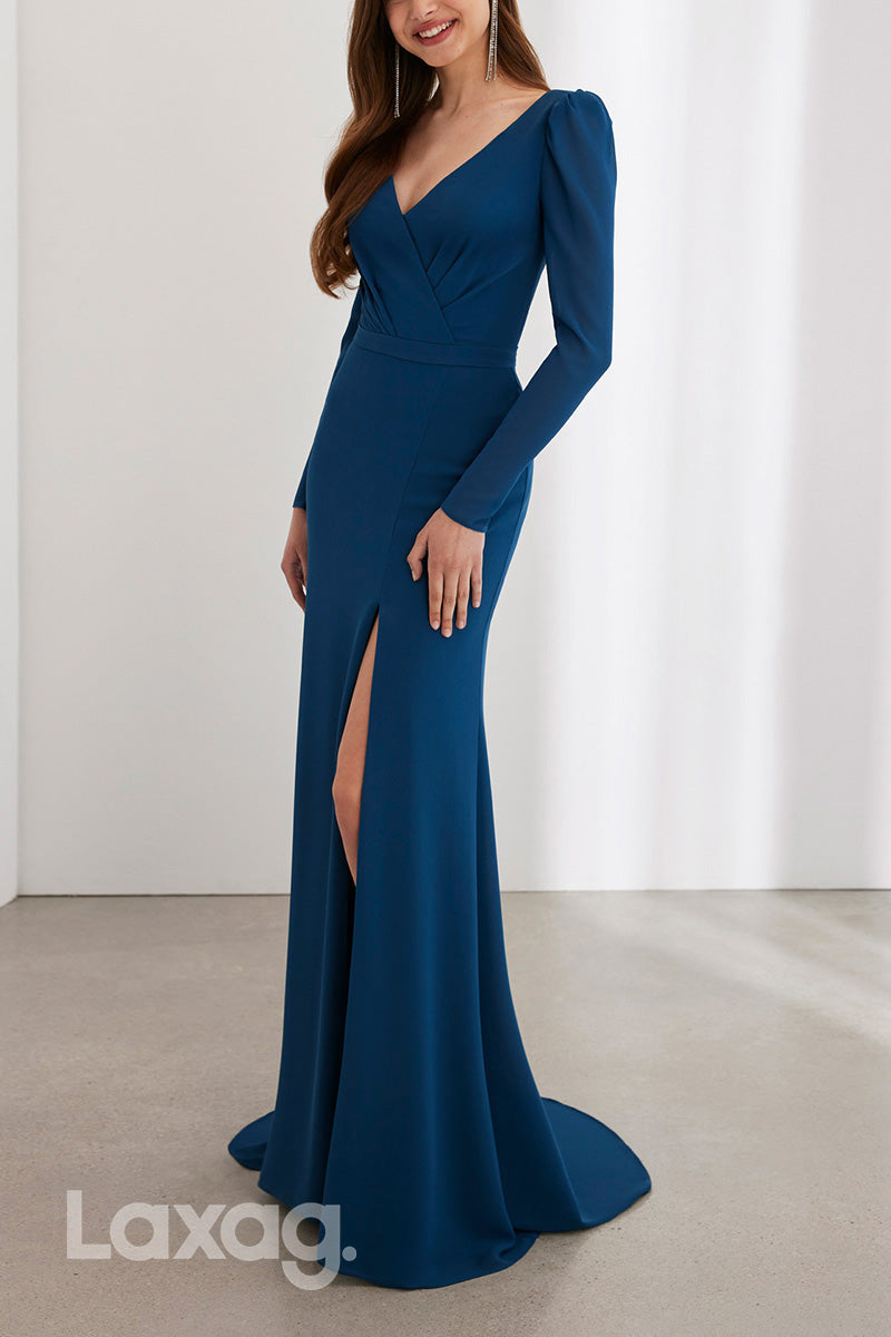 22956 - V-Neck Long Sleeves Cocktail Party Formal Evening Dress with Slit and Train