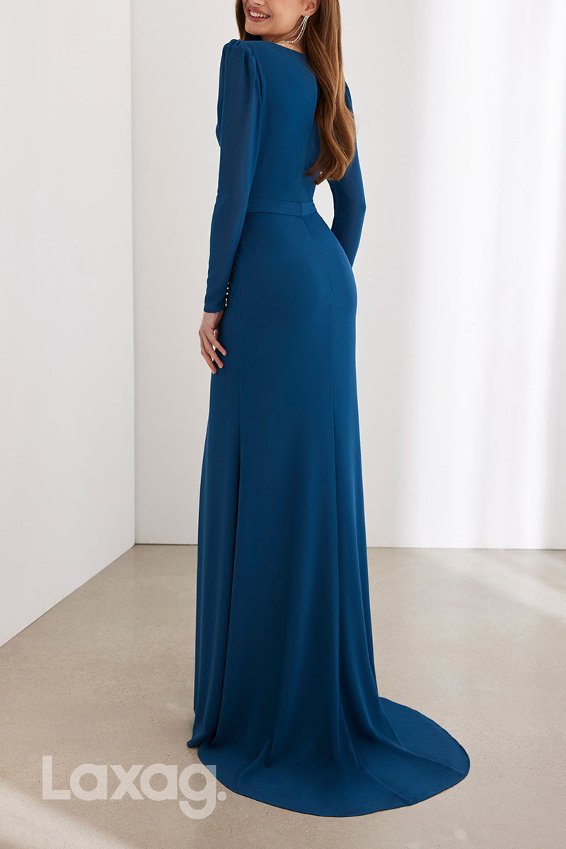 22956 - V-Neck Long Sleeves Cocktail Party Formal Evening Dress with Slit and Train