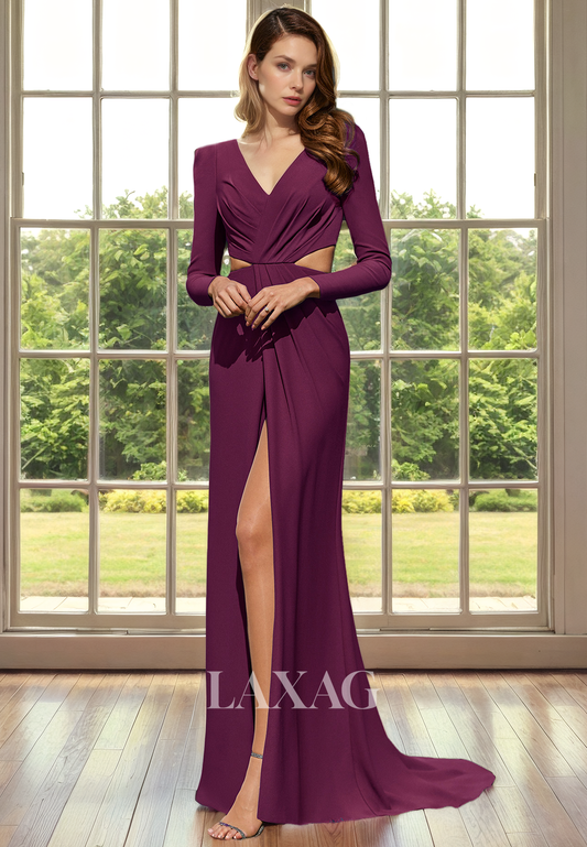 V-Neck Long Sleeves Cutout Sleek Satin Mother of the Bride Dress with Slit and Train