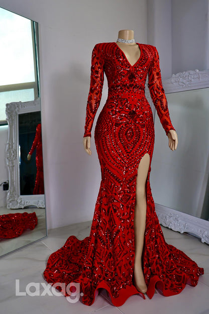 22392 - V-Neck Long Sleeves Fully Sequins High Slit Mermaid Prom Dresses for Black Girl Slay