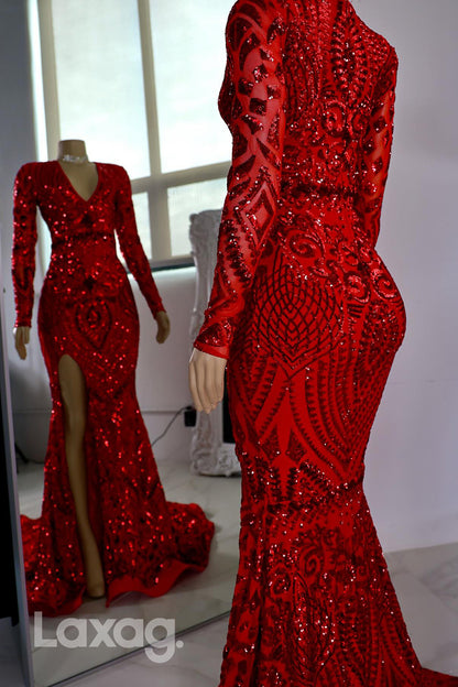 22392 - V-Neck Long Sleeves Fully Sequins High Slit Mermaid Prom Dresses for Black Girl Slay