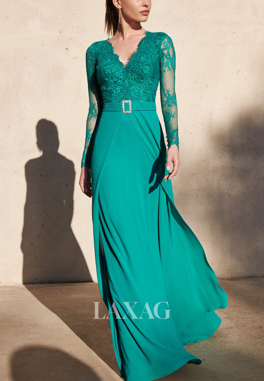 23117 - V-Neck Long Sleeves Lace Beaded Sleek Satin Cocktail Party Formal Evening Dress