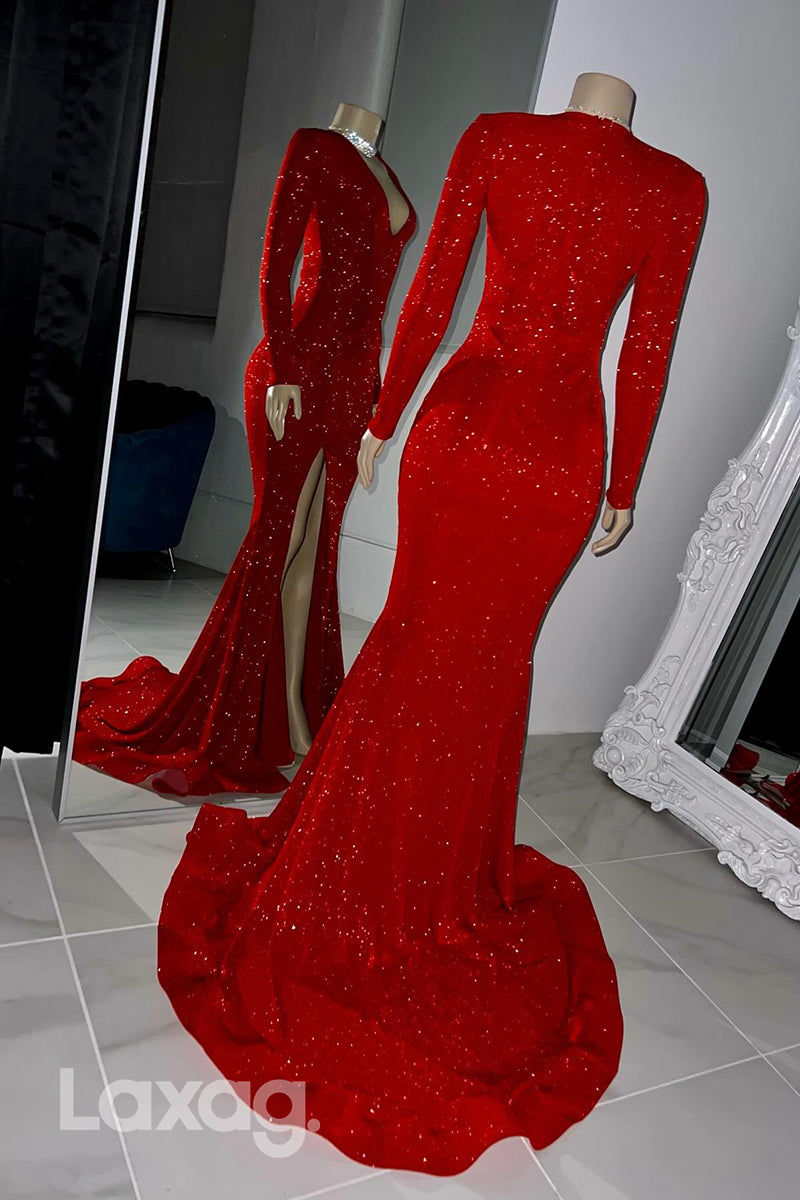 22468 - V-Neck Long Sleeves Sequins High Slit Mermaid Prom Dresses for Black Girl Slay