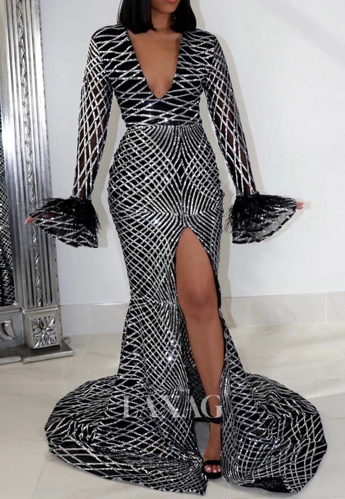 Deep V-Neck Long-Sleeves Sequins Mermaid Prom Dresses High Slit Sweep Train Party Gowns