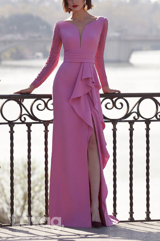 23092 - V-Neck Long Sleeves Sleek Satin Cocktail Party Formal Evening Dress with Slit