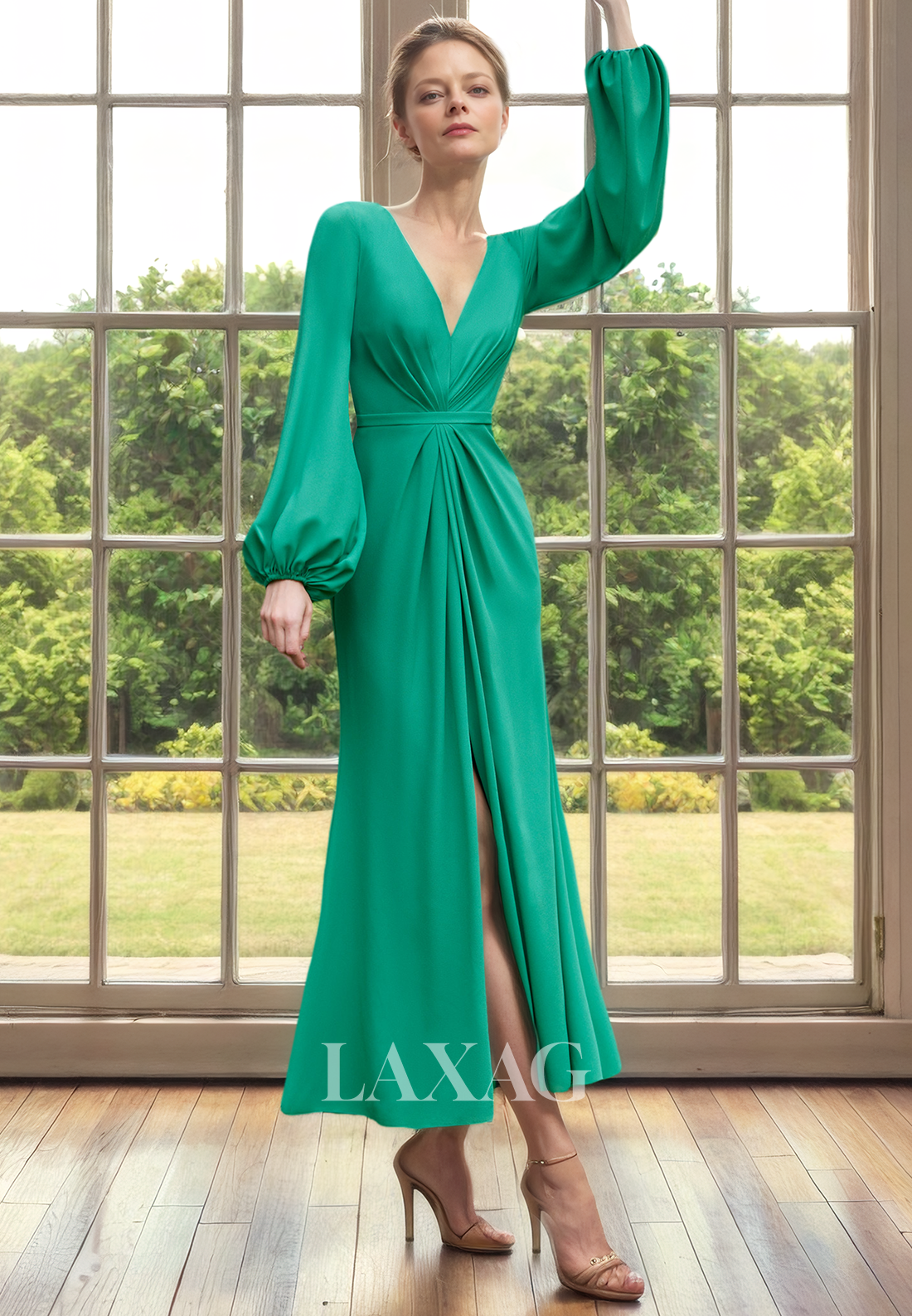 V-Neck Long Sleeves Sleek Satin Elegant Mother of the Bride Dress with Slit