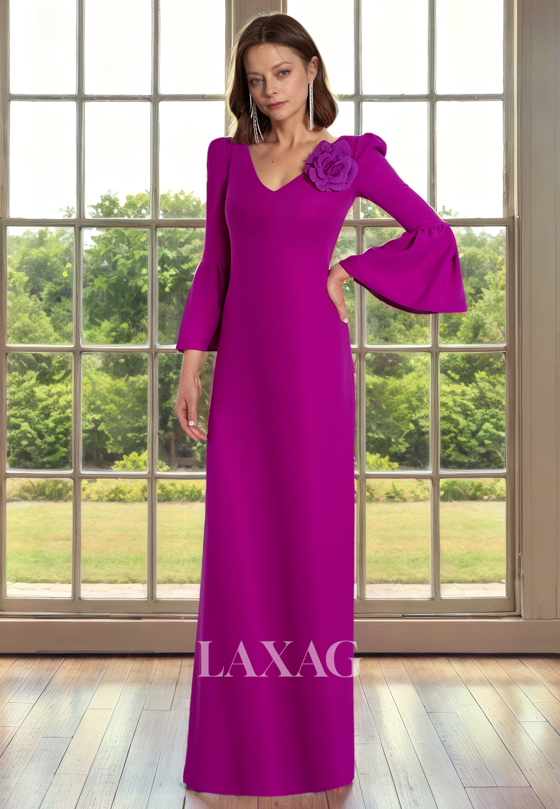 V-Neck Long Sleeves Sleek Satin Elegant Mother of the Bride Dress with Slit