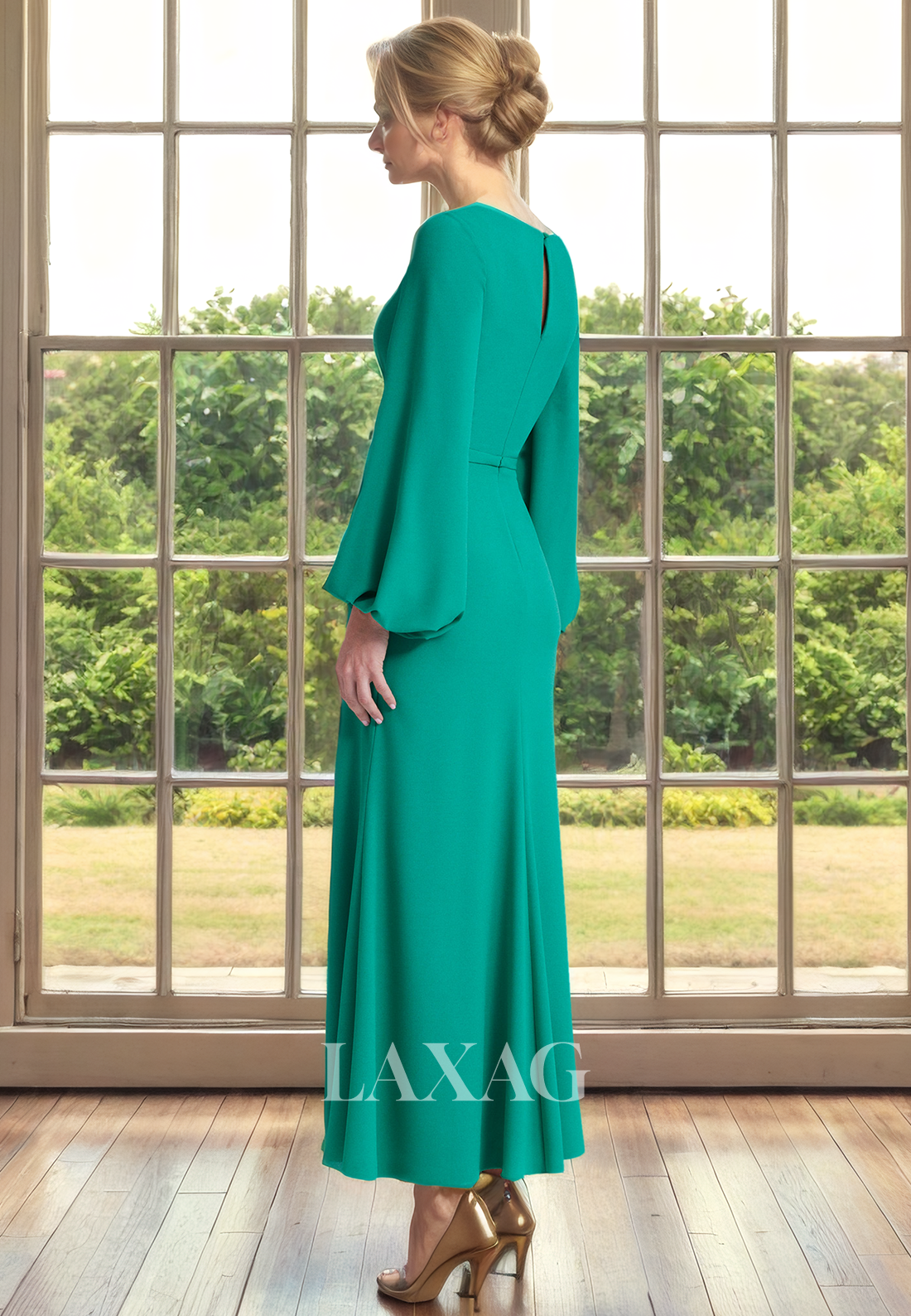 V-Neck Long Sleeves Sleek Satin Elegant Mother of the Bride Dress with Slit