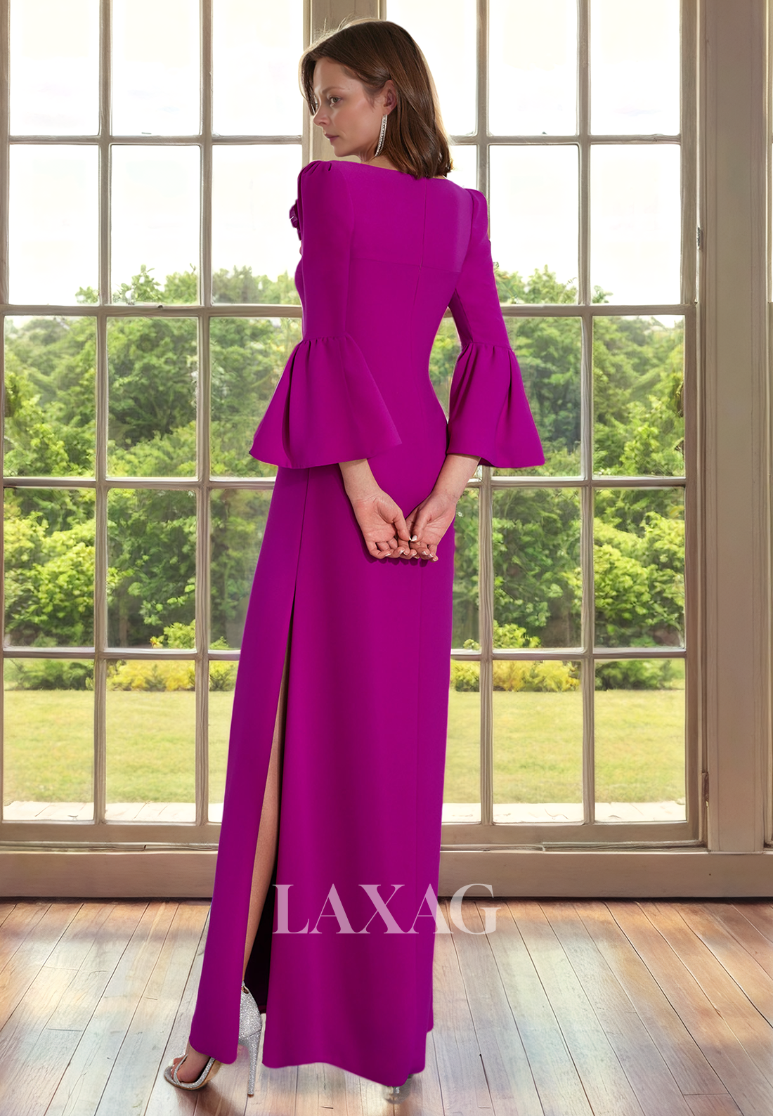 V-Neck Long Sleeves Sleek Satin Elegant Mother of the Bride Dress with Slit