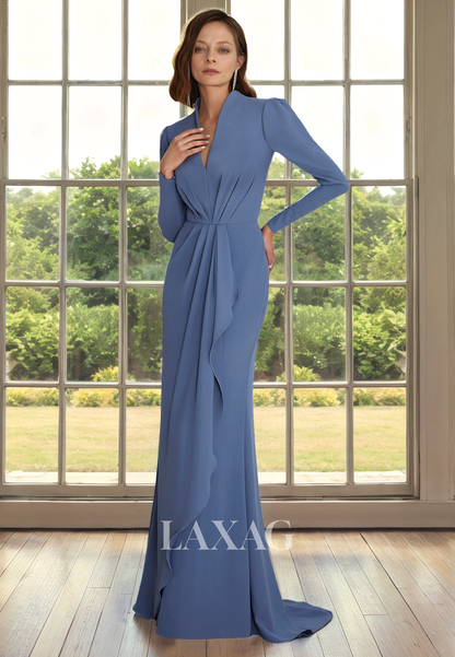 V-Neck Long Sleeves Sleek Satin Elegant Mother of the Bride Dress with Train