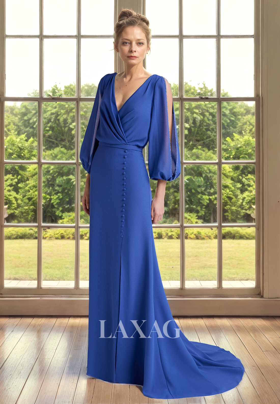 V-Neck Long Sleeves Sleek Satin Elegant Mother of the Bride Dress with Train