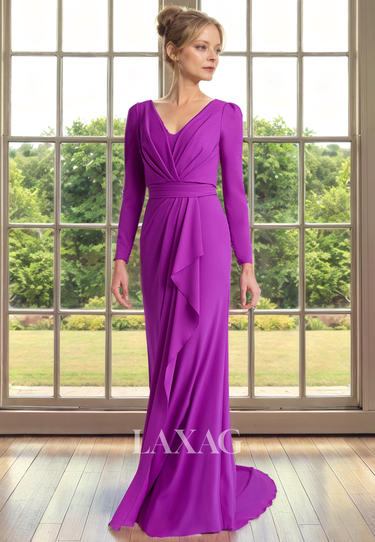 V-Neck Long Sleeves Sleek Satin Elegant Mother of the Bride Dress with Train