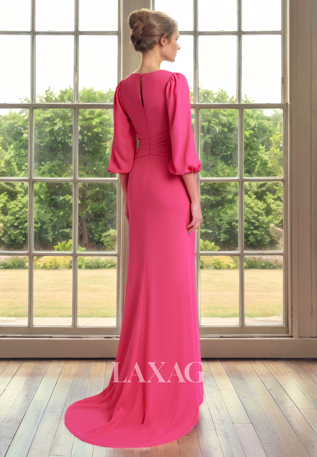 V-Neck Long Sleeves Sleek Satin Elegant Mother of the Bride Dress with Train