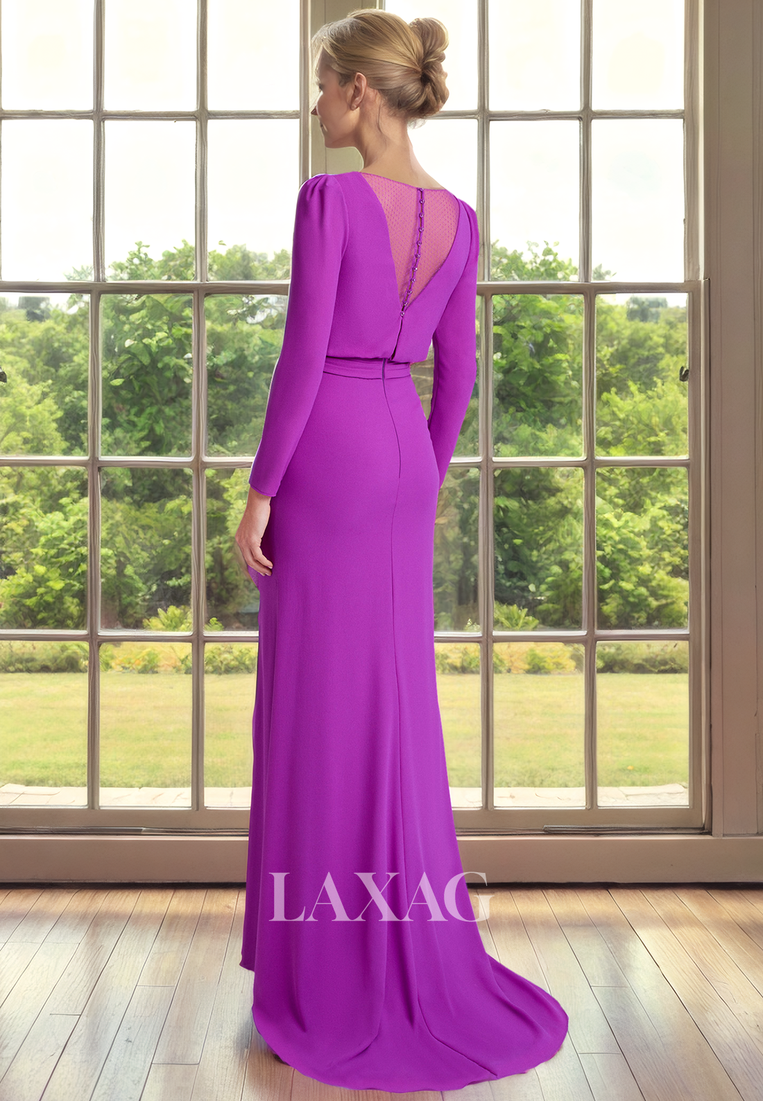 V-Neck Long Sleeves Sleek Satin Elegant Mother of the Bride Dress with Train