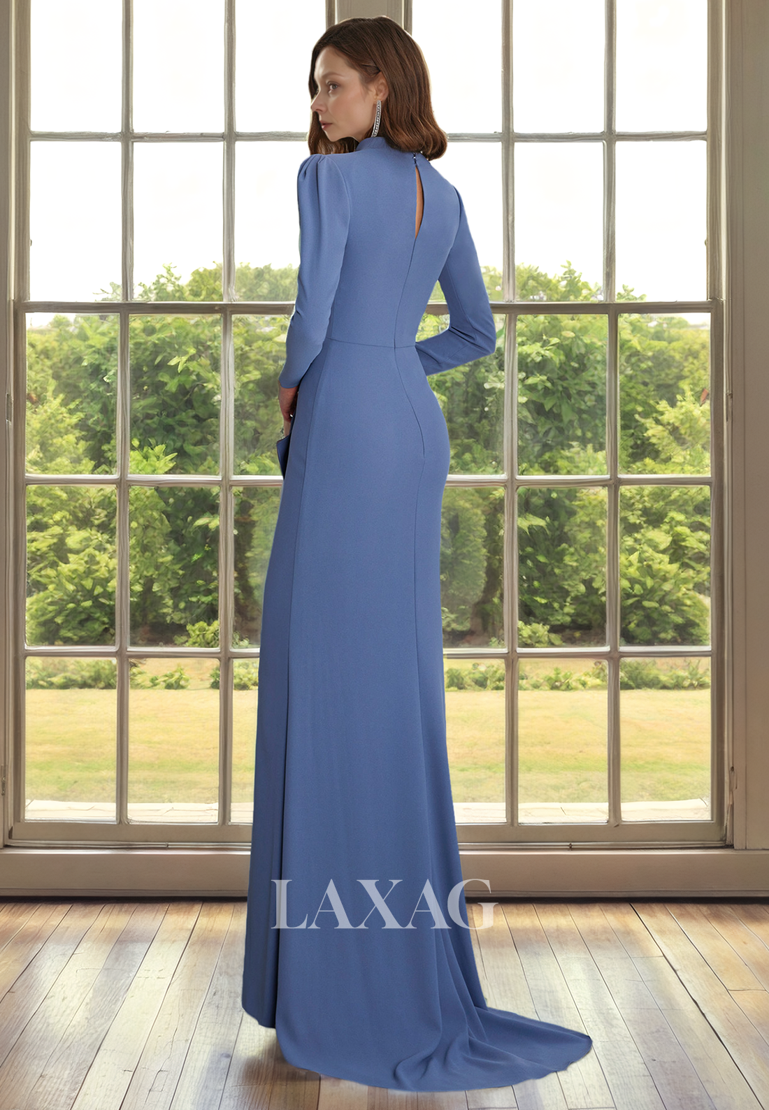 V-Neck Long Sleeves Sleek Satin Elegant Mother of the Bride Dress with Train