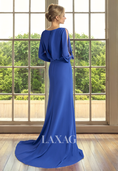 V-Neck Long Sleeves Sleek Satin Elegant Mother of the Bride Dress with Train