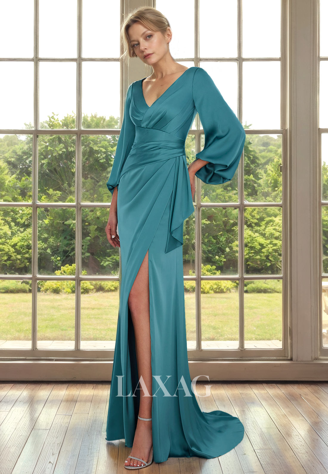 V-Neck Long Sleeves Sleek Satin Mother of the Bride Dress with Slit and Train