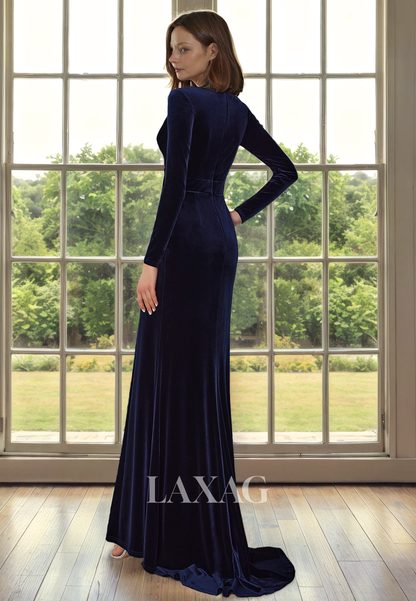 V-Neck Long Sleeves Sleek Satin Mother of the Bride Dress with Slit and Train