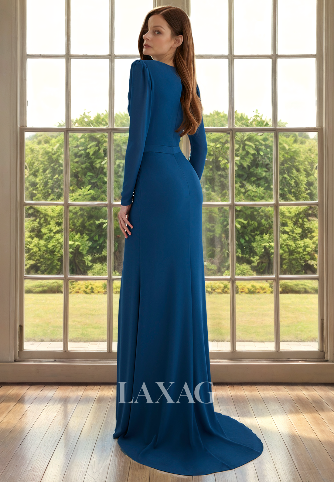 V-Neck Long Sleeves Sleek Satin Mother of the Bride Dress with Slit and Train