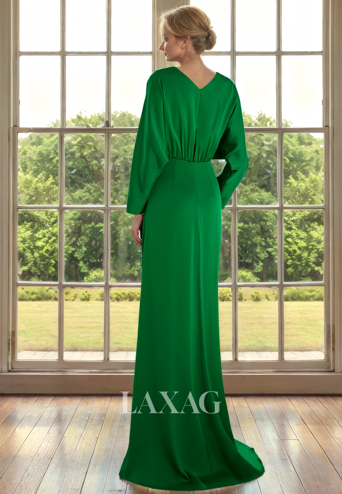 V-Neck Long Sleeves Sleek Satin Mother of the Bride Dress with Slit and Train