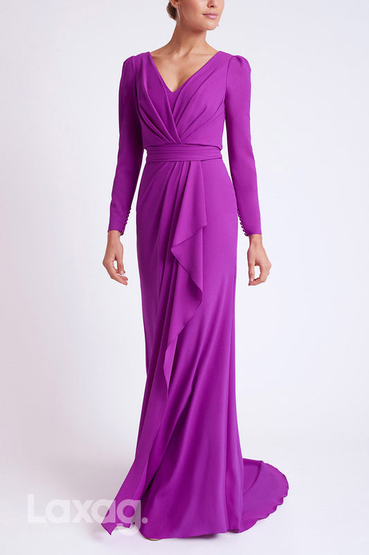 22892 - V-Neck Long Sleeves Tulle Sleek Satin Cocktail Party Formal Evening Dress with Train