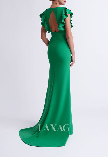 23118 - V-Neck Open Back Sleek Satin Cocktail Party Formal Evening Dress with Train