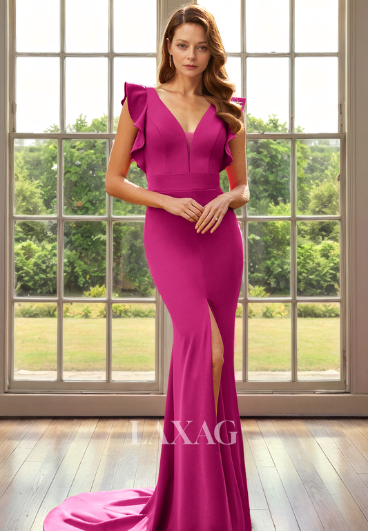 V-Neck Open Back Sleek Satin Mermaid Mother of the Bride Dress with Slit and Train