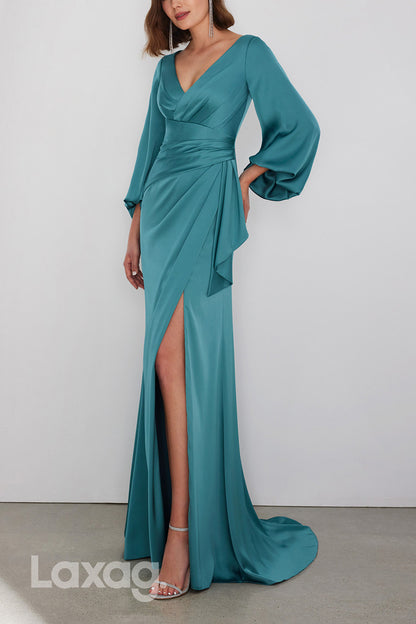 22961 - V-Neck Puff Sleeves Cocktail Party Formal Evening Dress with Slit and Train