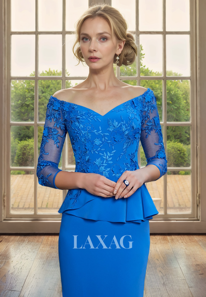 V-Neck Quarter Sleeves Lace Appliques Satin Knee-Lengrh Mother of the Bride Dress