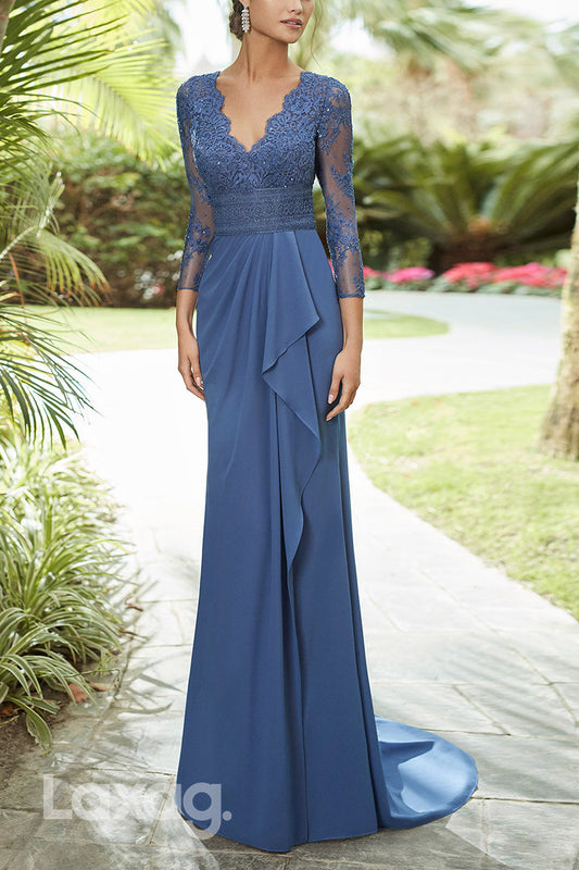 22893 - V-Neck Quarter Sleeves Lace Rainstone Cocktail Party Formal Evening Dress with Train