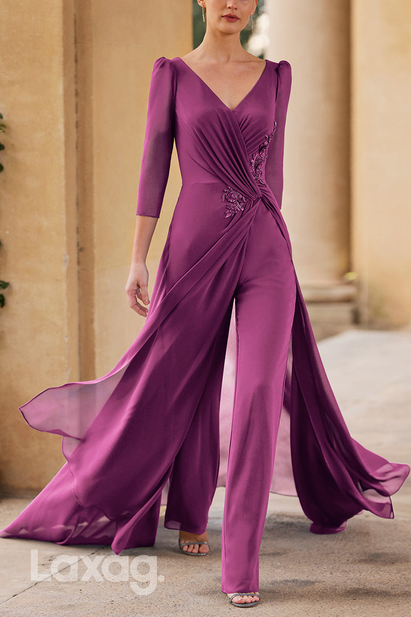 23011 - V-Neck Quarter Sleeves PantSuit Floor-Length Chiffon Mother Of the Bride Dress