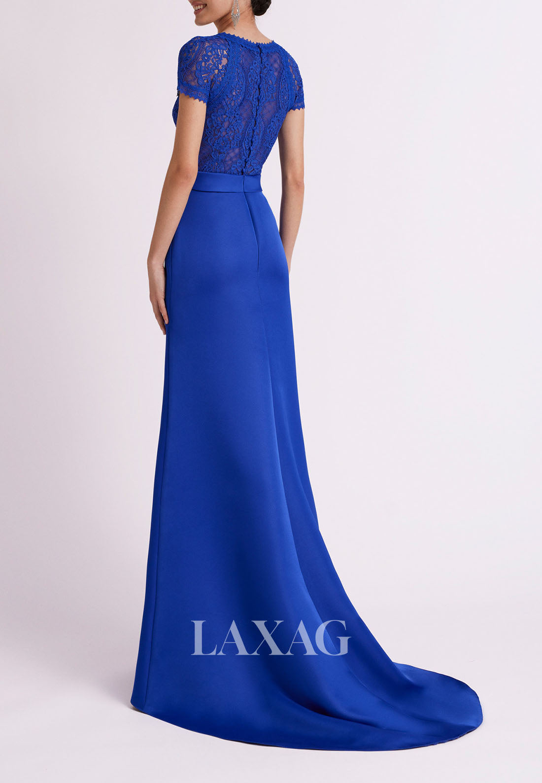 23114 - V-Neck Short Sleeves Lace Sleek Satin Cocktail Party Formal Evening Dress