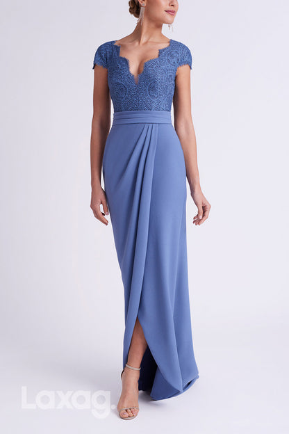 22890 - V-Neck Short Sleeves Lace Sleek Satin Cocktail Party Formal Evening Dress with Train