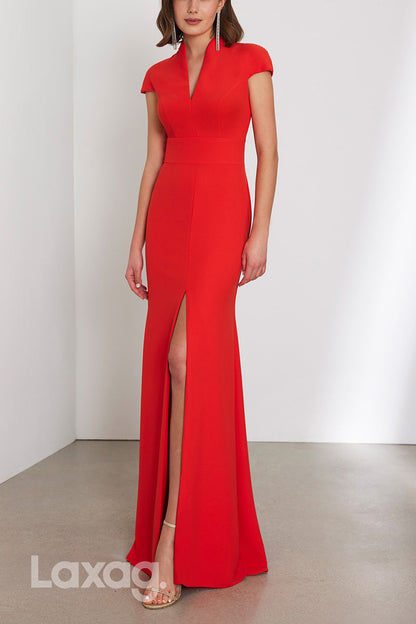 22970 - V-Neck Short Sleeves Open Back Cocktail Party Formal Evening Dress with Slit