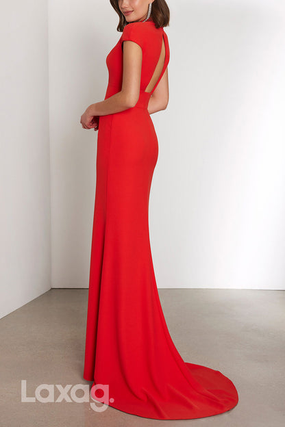 22970 - V-Neck Short Sleeves Open Back Cocktail Party Formal Evening Dress with Slit