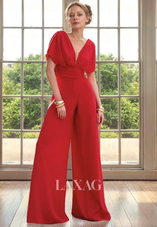 V-Neck Short Sleeves PantSuit Floor-Length Mother Of the Bride Dress