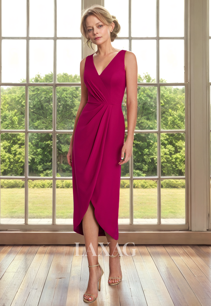 V-Neck Sleeveless Sleek Satin Tea-Length Elegant Mother of the Bride Dress