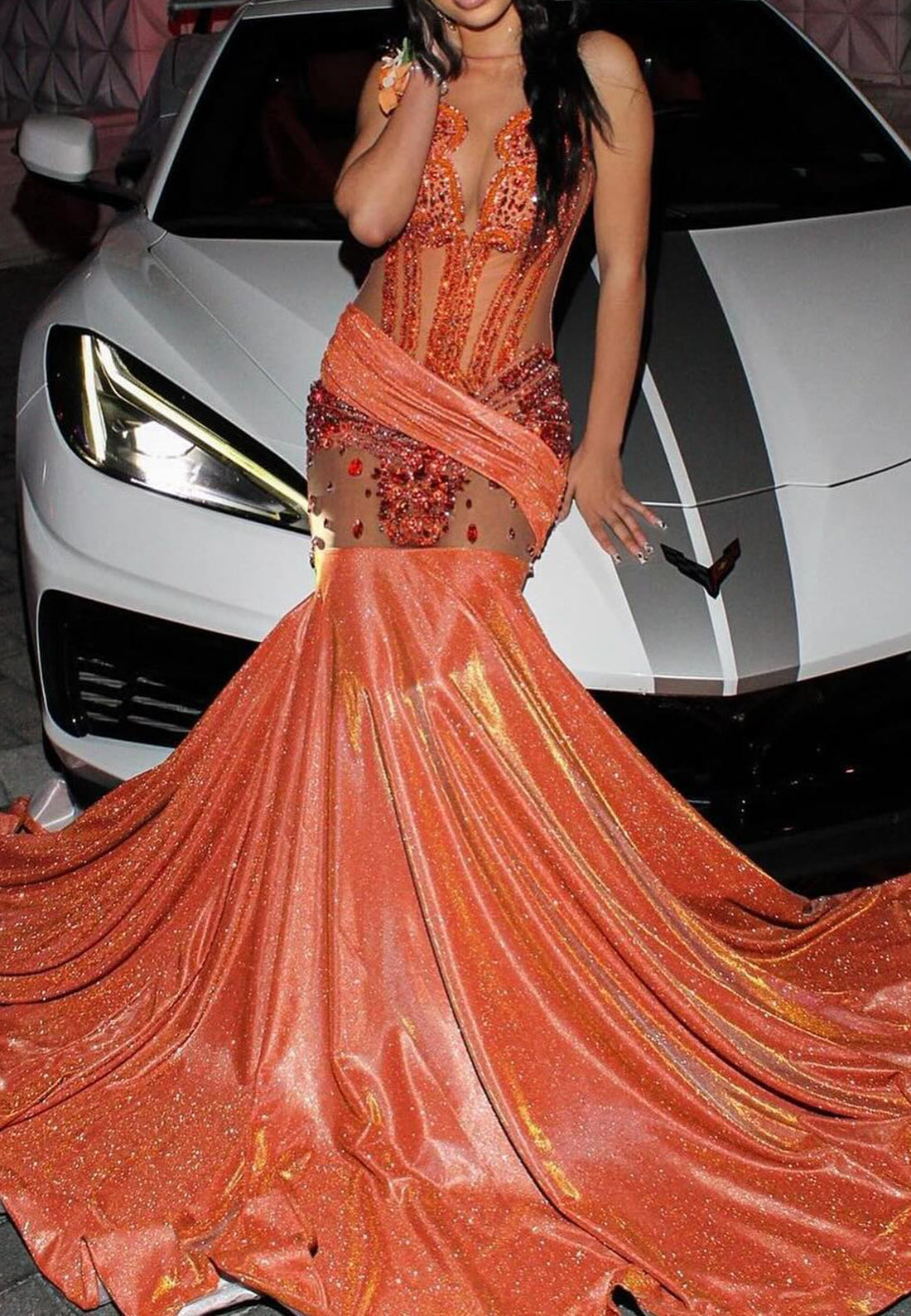 V-Neck Spaghetti Straps Beaded Pleated Sparkly Mermaid Prom Dress for Black Girls