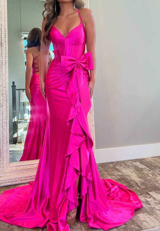 V-Neck Spaghetti Straps Ruffled Satin Pleated Sweep Train Mermaid Porm Dress with Slit