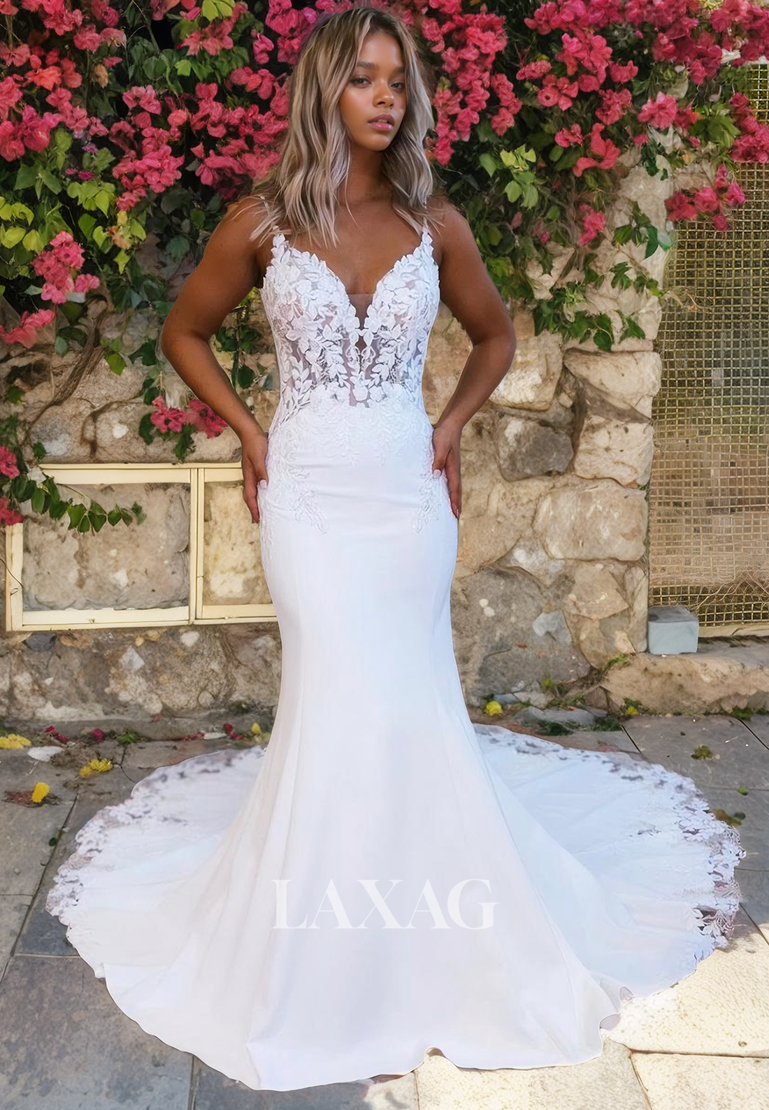 V-Neck Straps Backless Lace Tulle Elegant Mermaid Wedding Dress with T –  Laxag