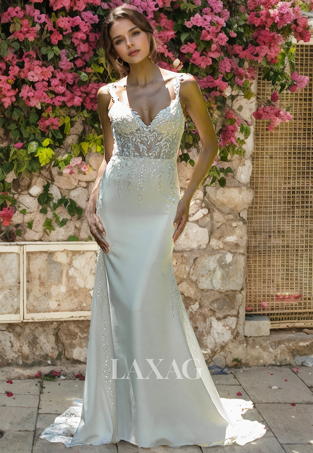 V-Neck Straps Backless Sequins Tulle Elegant Mermaid Wedding Dress with Train