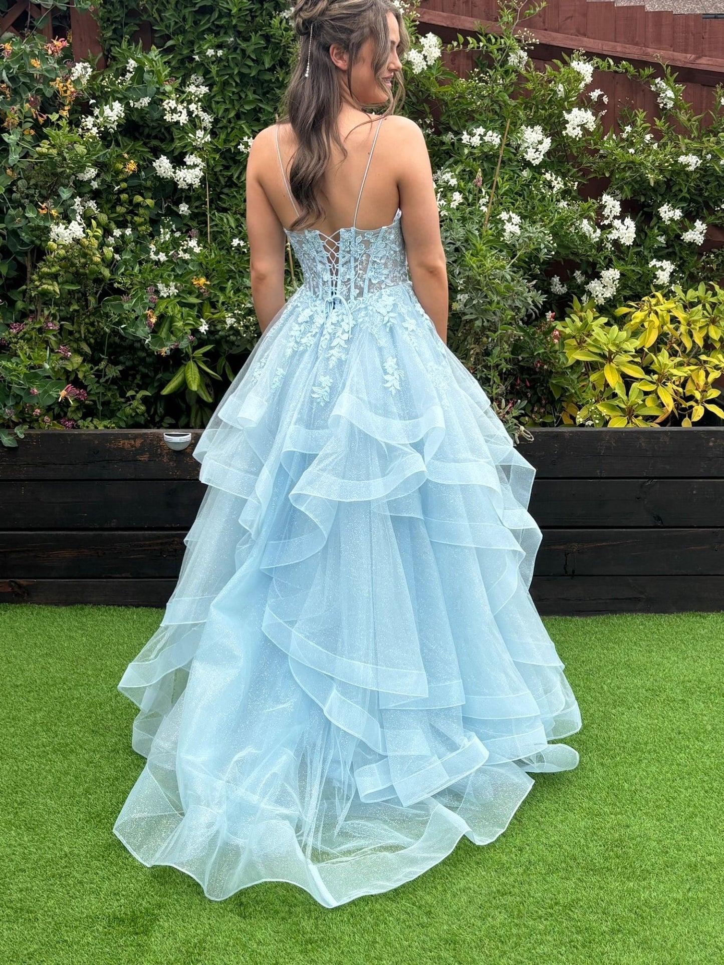 Deep V-Neck Spaghetti Straps Applique Tulle Pleated Tiered Long A-Line Prom Dress